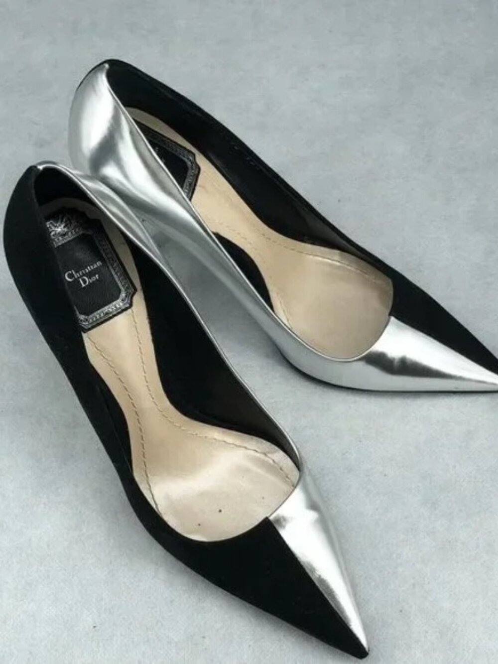 Authentic Christian Dior Black Suede & Silver Metallic Pointed Toe Pumps 38.5